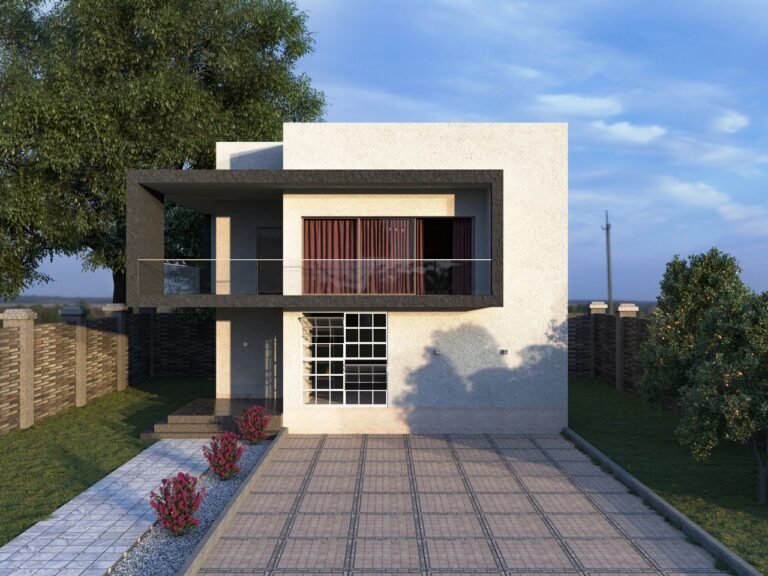 Contemporary minimalist house featuring a large driveway and serene garden setting.